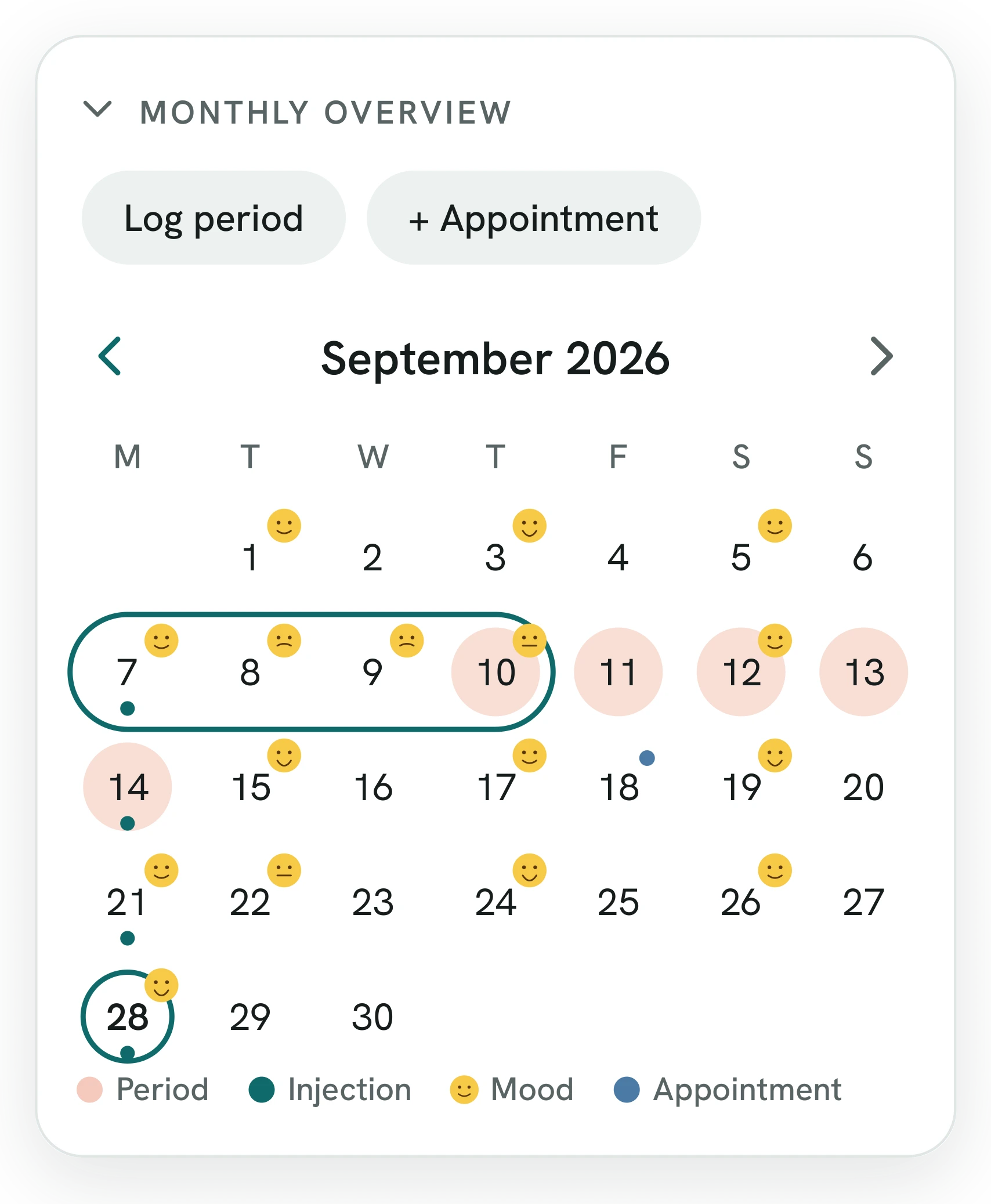 Monthly calendar with sample data: period days, injections and mood on the logged days