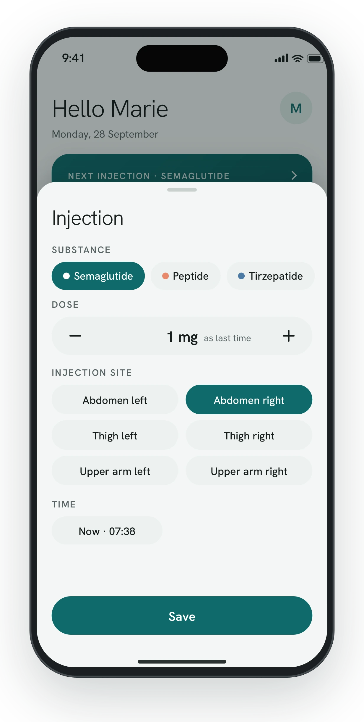 Logging an injection with sample data: choose substance, dose and injection site, then save