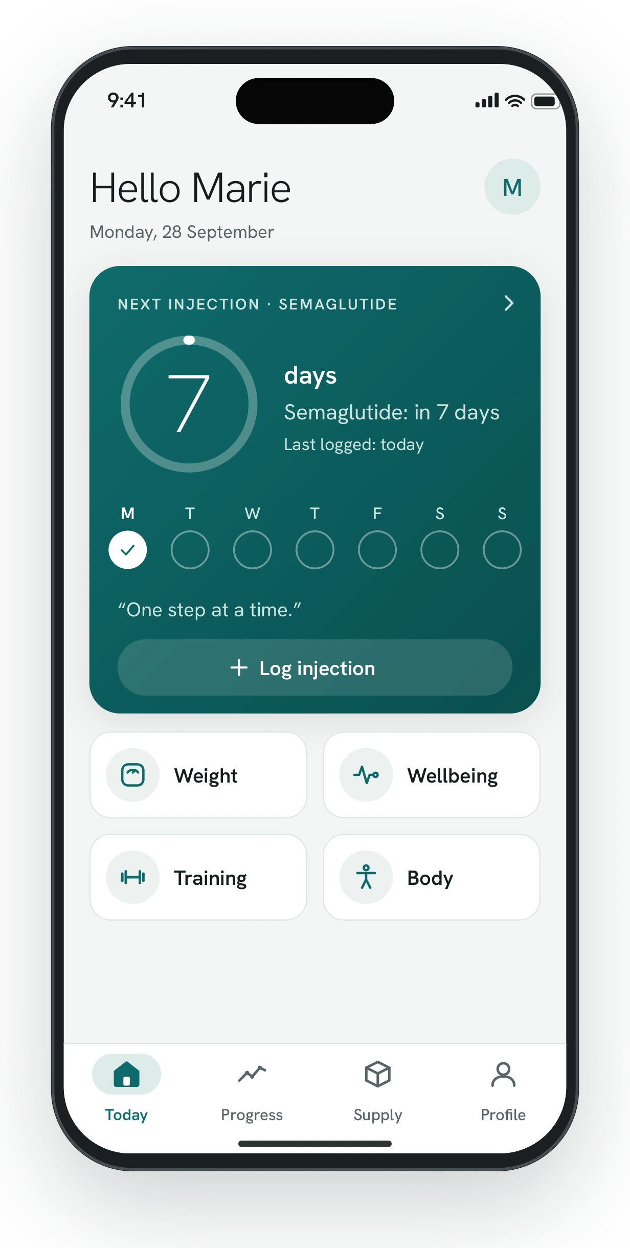 Home screen with sample data: next injection in 7 days, week overview with a completed entry