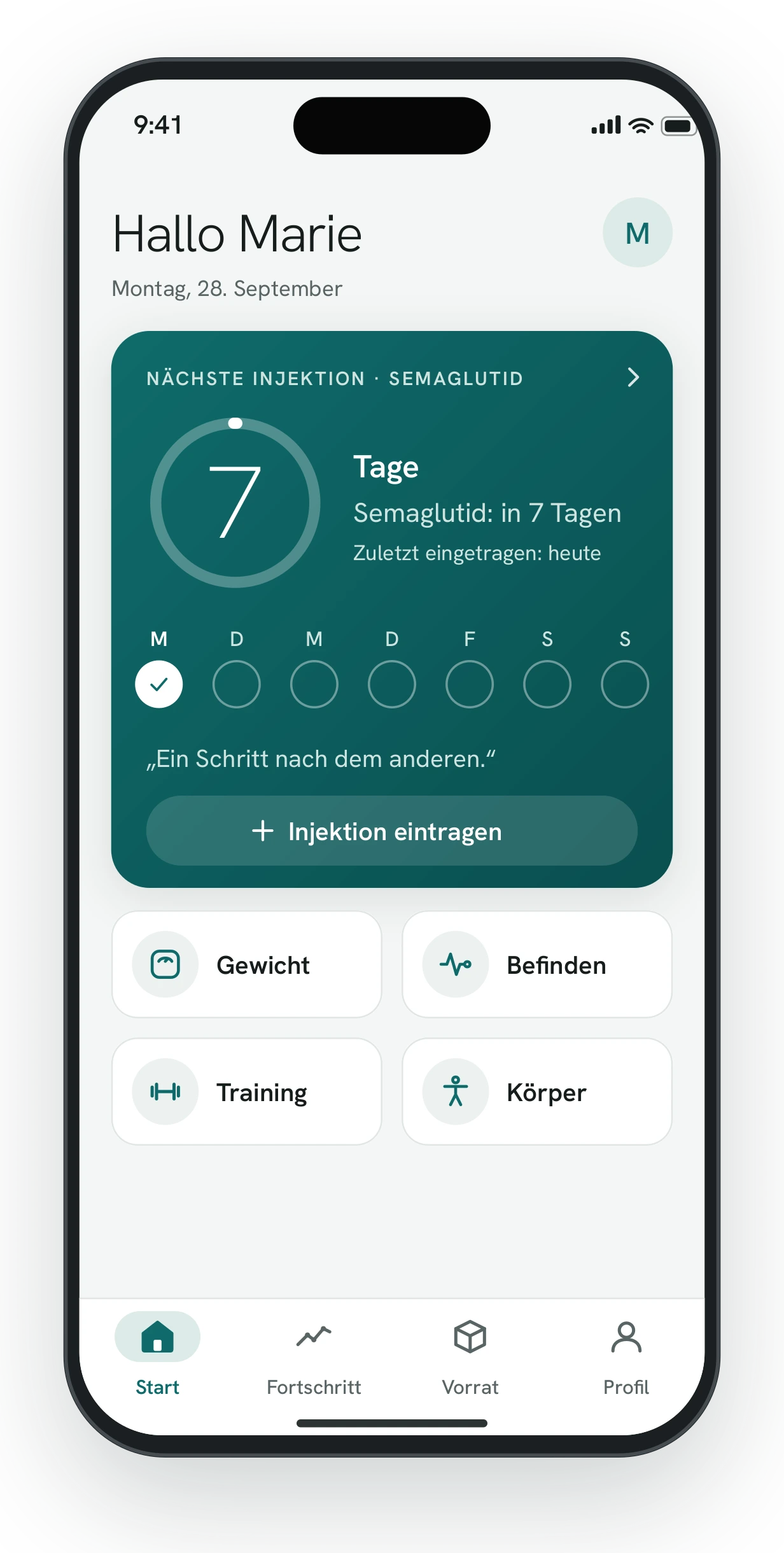 Tracelle Startseite mit Beispieldaten: Countdown bis zur nächsten Injektion in 7 Tagen, Wochenübersicht und Eintragen-Kacheln