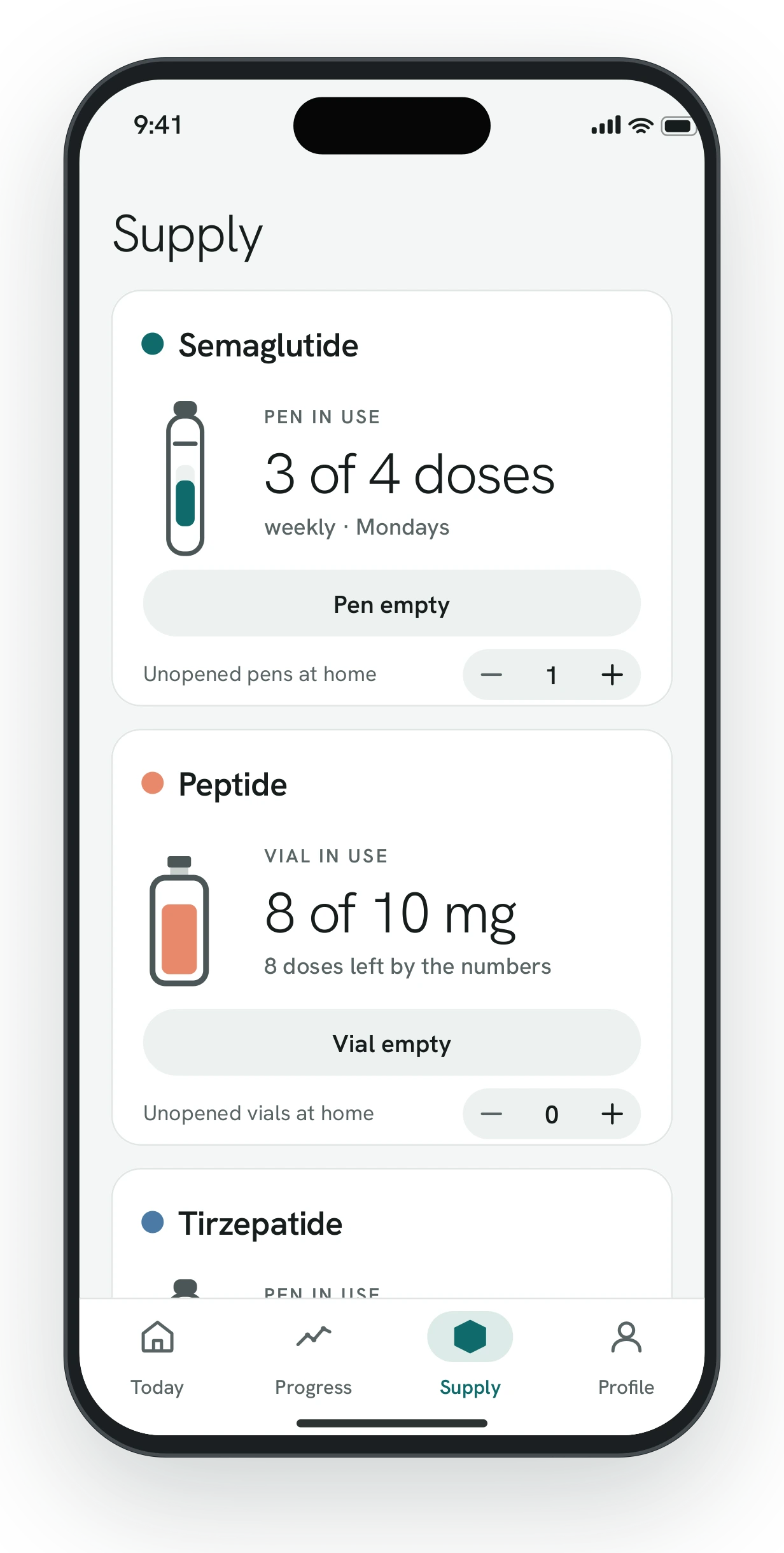 Supply with sample data: three substances, two pens and one vial, each with the unit in use and stock at home